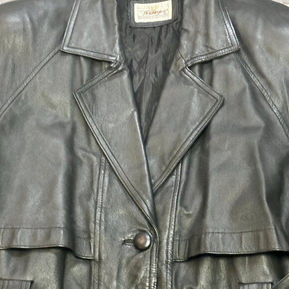 ~~Wilsons VINTAGE Leather Long 1X COAT UNIQUE Women's Lined Belted Shoulder Pad - Picture 3 of 7